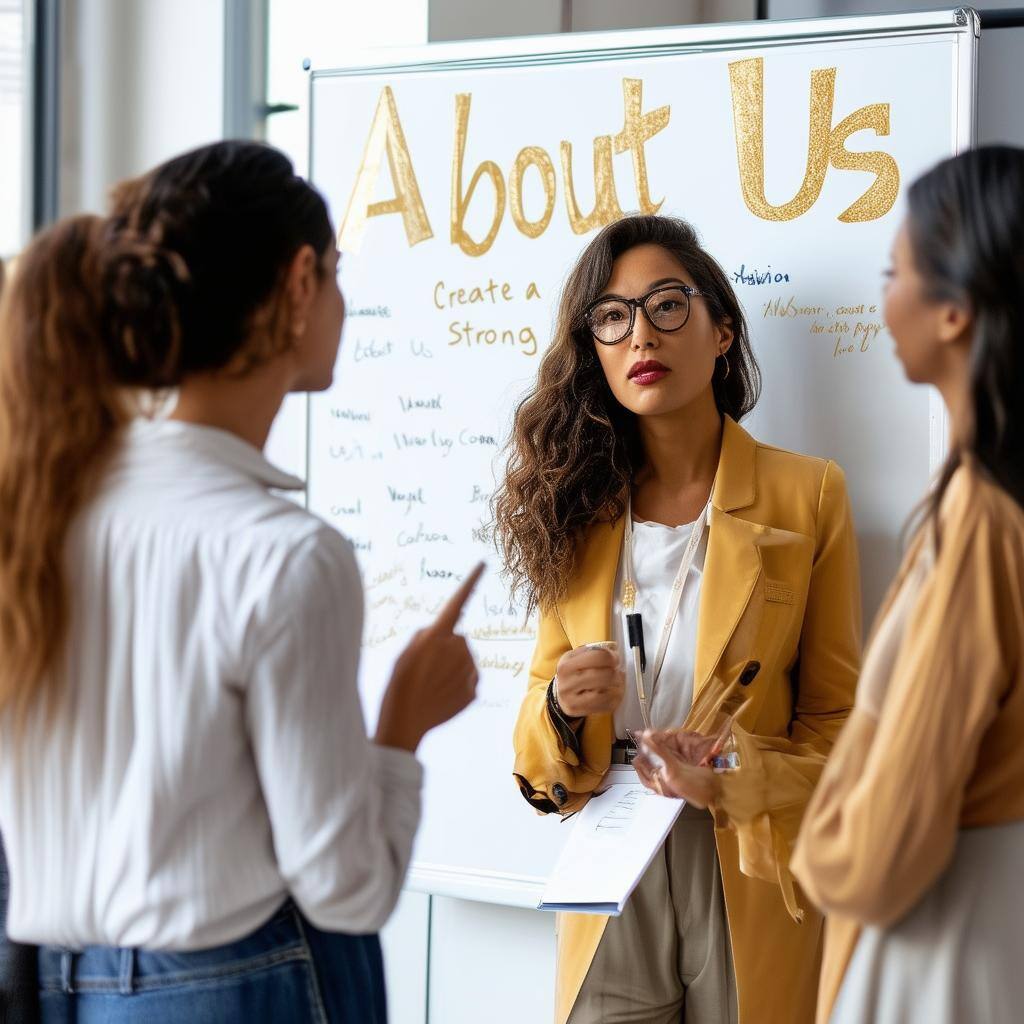 create a strong About Us featuring fashionforward professionals discussing on a white board gold create a strong About Us featuring fashionforward professionals discussing on a white board gold